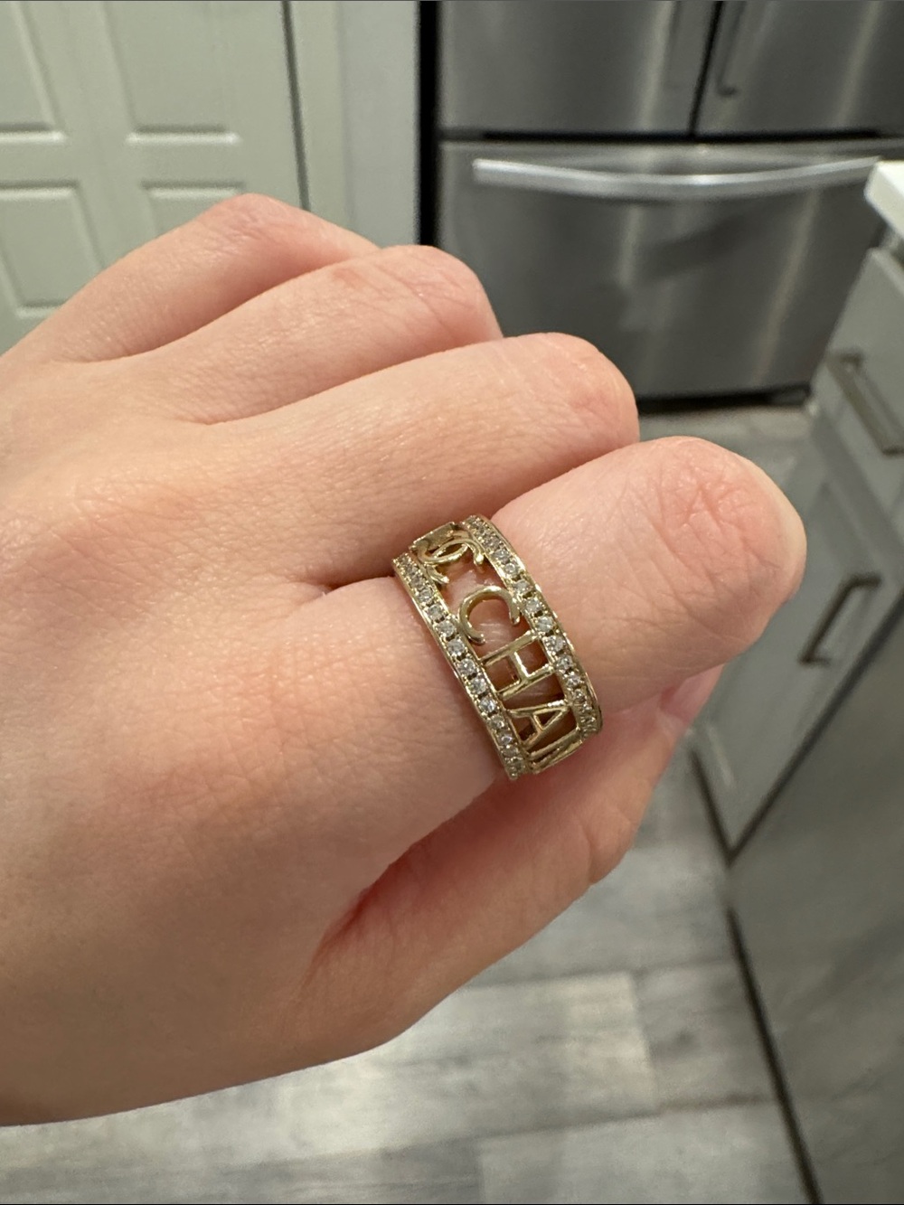 Beige Gold Tone Openwork Letter CZ Band Ring – Size 7